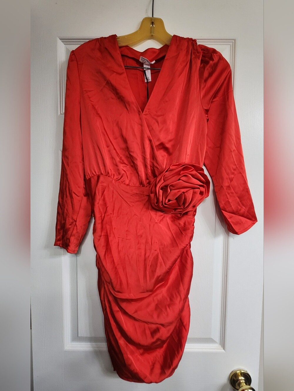 Red-Orange Satin Wrap Dress with Rosette Detail